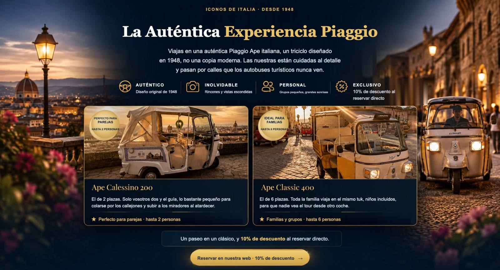 Flota LISPORT, tuk-tuks Piaggio Ape Calessino 200 y Ape Classic 400